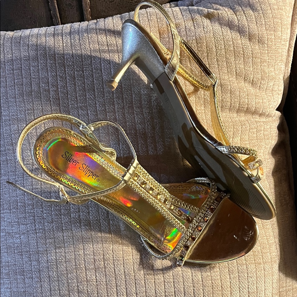 Silver Slippers Gold Strappy Heels